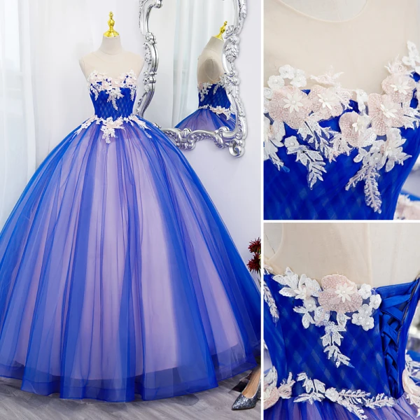 Elegant Royal Blue Appliques Lace Flower Prom Dresses Ball Gown 2022 Scoop Neck Sleeveless Backless Floor-Length / Long Prom Formal Dresses