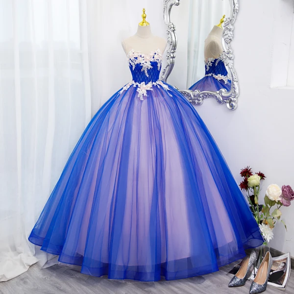 Elegant Royal Blue Appliques Lace Flower Prom Dresses Ball Gown 2022 Scoop Neck Sleeveless Backless Floor-Length / Long Prom Formal Dresses