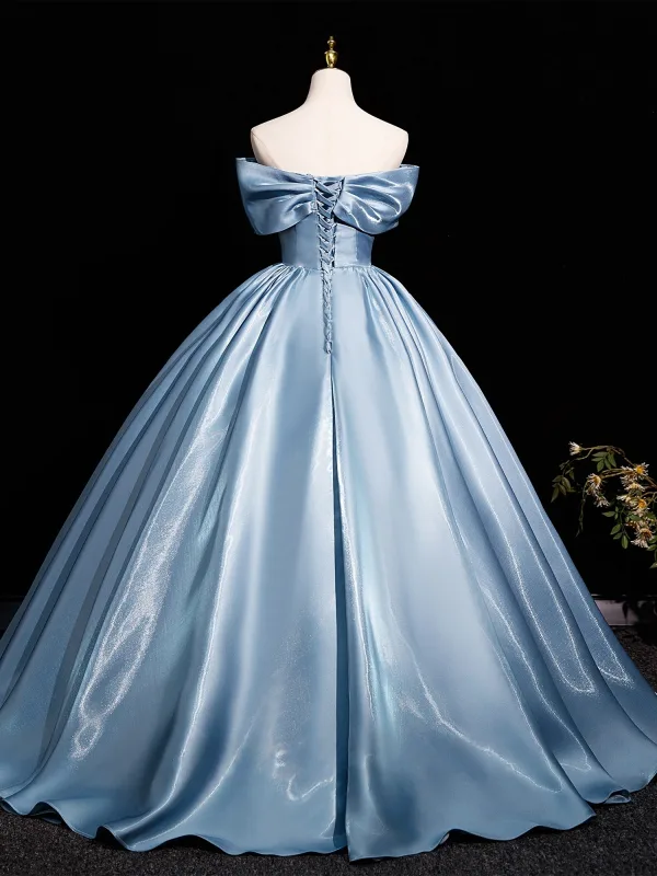 Elegant Sky Blue Satin Prom Dresses 2025 Ball Gown Off-The-Shoulder Short Sleeve Backless Floor-Length / Long Prom Formal Dresses