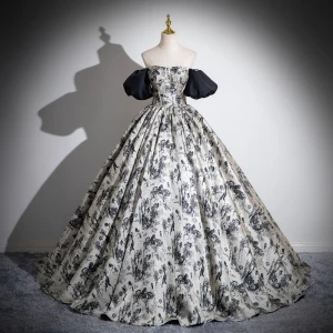 Élégant Noire Impression Robe De Bal 2024 Robe Boule De L Épaule Manches Courtes Dos Nu Longue Promo Robe De Ceremonie