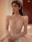 Charmant Blanche Perlage Faux Diamant Paillettes Robe De Mariée 2024 Robe Boule Col Haut Manches Longues Dos Nu Royal Train Mariage