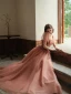 Chic / Beautiful Blushing Pink Prom Dresses 2022 A-Line / Princess Square Neckline Puffy Short Sleeve Backless Floor-Length / Long Prom Formal Dresses