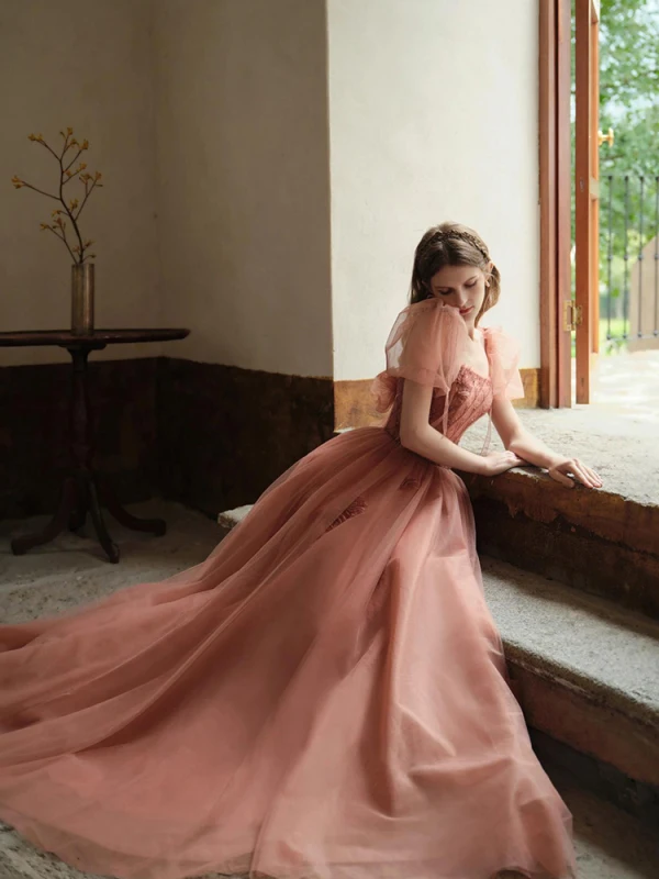 Chic / Beautiful Blushing Pink Prom Dresses 2022 Puffy A-Line / Princess Square Neckline Short Sleeve Backless Floor-Length / Long Formal Dresses