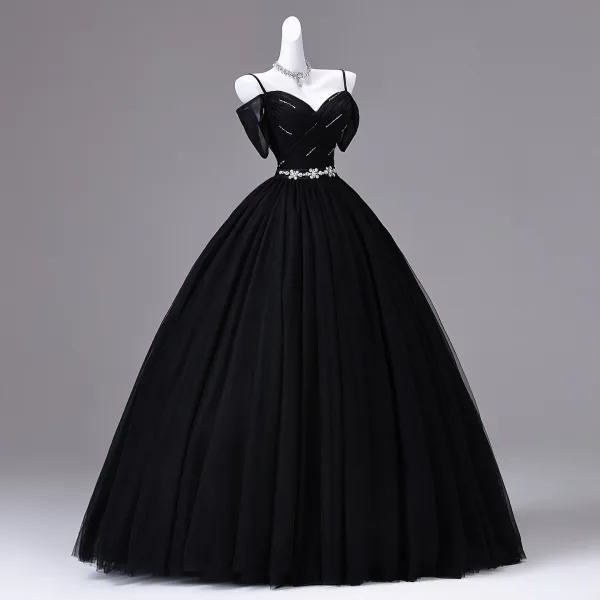 Vintage Negro Rhinestone Vestidos de gala 2026 Ball Gown Spaghetti Straps Manga Corta Sin Espalda Tul