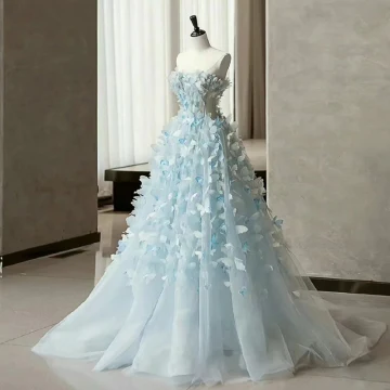 Chic Belle Bleu Ciel Appliques Bustier Robe De Bal 2024 Princesse Sans Manches Dos Nu Train De Balayage Promo Robe De Ceremonie