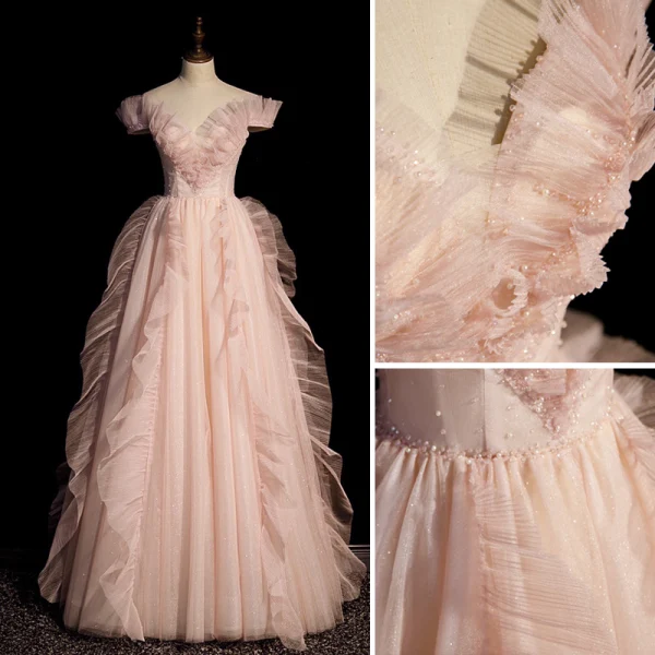 Charming Blushing Pink Prom Dresses 2022 A-Line / Princess Off-The-Shoulder Pearl Sequins Ruffle Sleeveless Backless Floor-Length / Long Prom Formal Dresses