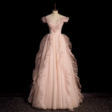 Charmant Rougissant Rose Robe De Bal 2022 Princesse De L Épaule Perle Paillettes Volants Sans Manches Dos Nu Longue Promo Robe De Ceremonie