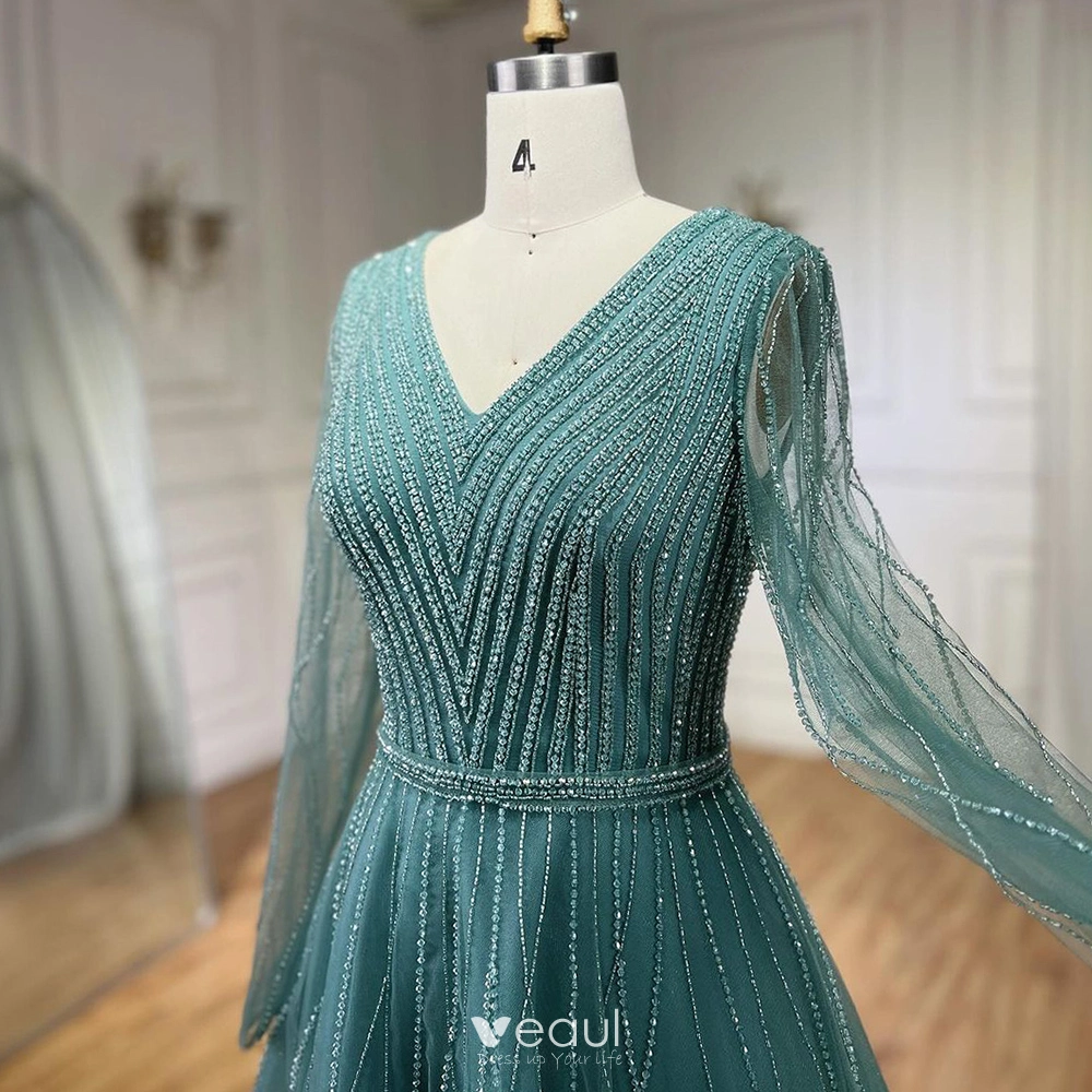 A Line/Princess V-Neck Long Sleeves Floor Length Long Mother of the Bride Dresses With Sequins & Ruffles