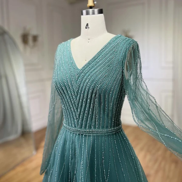 High-end Royal Blue Handmade  Beading Prom Dresses 2024 A-Line / Princess V-Neck Long Sleeve Floor-Length / Long Prom Formal Dresses