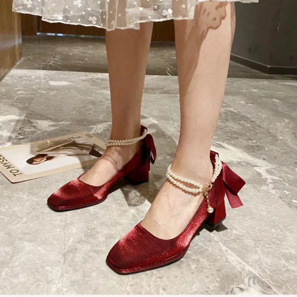 Vintage / Retro Beige Street Wear Womens Shoes 2022 Pearl Ankle Strap Bow 5 cm Thick Heels Square Toe Pumps High Heels