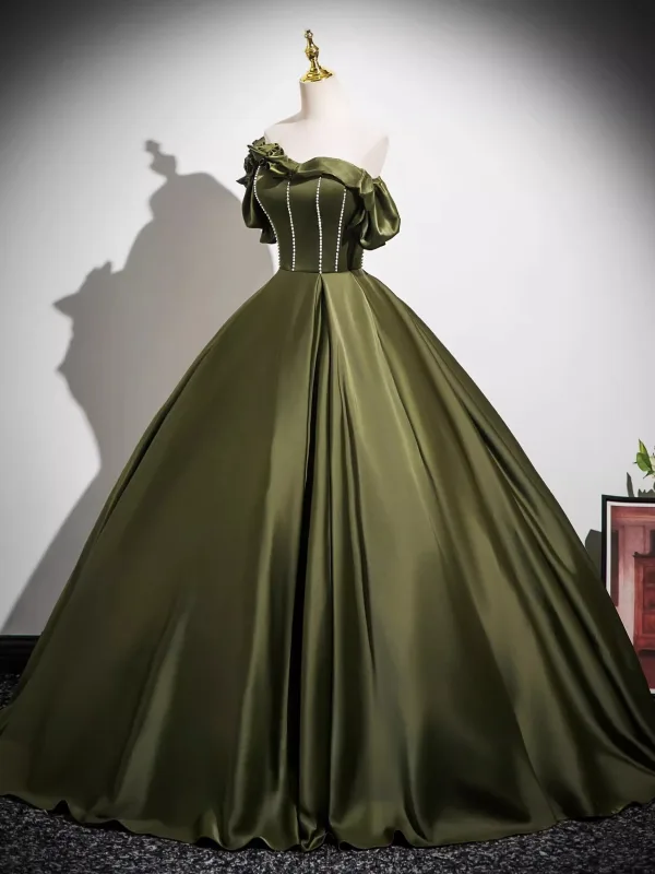 Vintage / Retro Dark Green Appliques Satin Prom Dresses 2025 Ball Gown Off-The-Shoulder Short Sleeve Backless Floor-Length / Long Formal Dresses