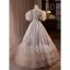Vintage / Retro White Lace Flower Satin Cascading Ruffles Wedding Dresses 2024 Ball Gown Off-The-Shoulder Short Sleeve Backless Floor-Length / Long Wedding