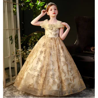 Mode Doré Paillettes Perle En Dentelle Fleur Promo Robe Ceremonie Fille 2022 Robe Boule Encolure Dégagée Manches Courtes Longue Robe Ceremonie Fille