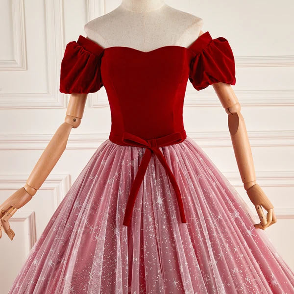Schöne Rot Ballkleider 2023 Off Shoulder Ballkleid Kurze Ärmel Rückenfreies Schleife Stoffgürtel Lange Ball Festliche Kleider