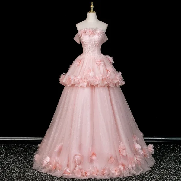 Flower Fairy Blushing Pink Appliques Beading Prom Dresses 2026 Ball Gown Off-The-Shoulder Sleeveless Backless Floor-Length / Long Formal Dresses