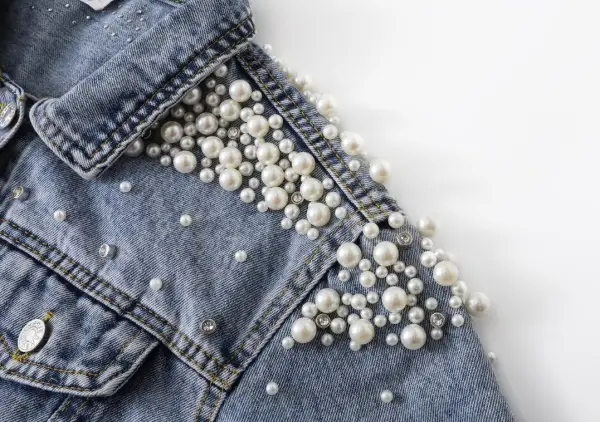 Women Beading Rhinestone Pearl Denim Sky Blue Coats & Jackets Cotton Loose Lapel Street Wear Fall Winter Long Sleeve Tops