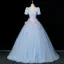 Elegant Sky Blue Appliques Prom Dresses 2025 Ball Gown Square Neckline Puffy Short Sleeve Backless Floor-Length / Long Formal Dresses