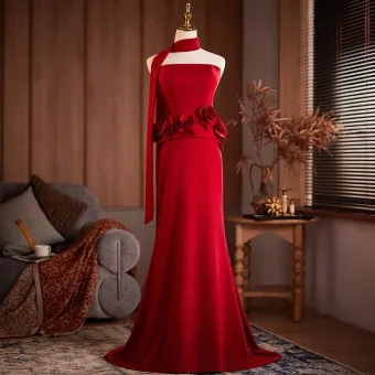 Vintage Originale Rouge Appliques Robe De Bal 2026 Trompette Sirène Bustier Sans Manches Dos Nu Train De Balayage Robe De Ceremonie
