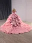 Luxury / Gorgeous Flower Fairy Candy Pink Handmade  Rhinestone Lace Flower Cascading Ruffles Prom Dresses Quinceañera 2025 Ball Gown Off-The-Shoulder Sleeveless Backless