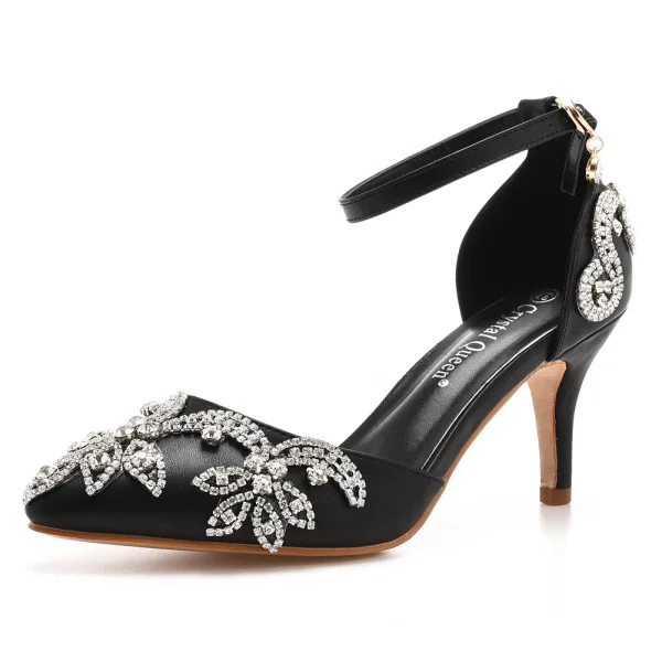 Sexy Silber Strass Brautschuhe 2023 7 cm Stilettos Knöchelriemen Spitzschuh Hochzeit Sandaletten Hochhackige