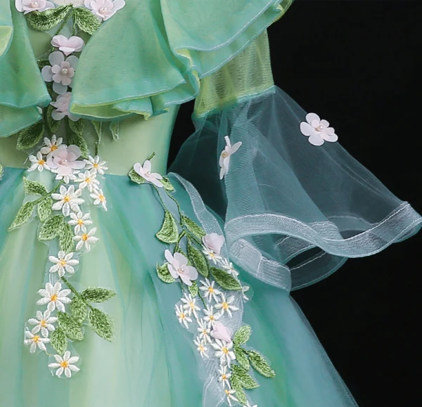 Chic / Beautiful Sage Green Appliques Lace Flower Pearl Cascading Ruffles Birthday Flower Girl Dresses 2024 Ball Gown V-Neck Short Sleeve Court Train