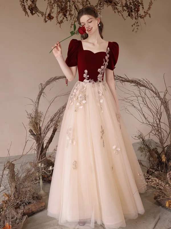Chic / Beautiful Burgundy Rhinestone Lace Flower Velvet Prom Dresses 2024 A-Line / Princess Square Neckline Short Sleeve Backless Floor-Length / Long Prom Formal Dresses