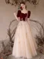 Chic / Beautiful Burgundy Rhinestone Lace Flower Velvet Prom Dresses 2024 A-Line / Princess Square Neckline Short Sleeve Backless Floor-Length / Long Prom Formal Dresses