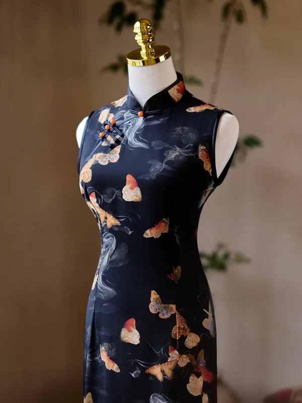 Chinese style Black Butterfly Printing Summer Tea-length Cheongsam 2024 Trumpet / Mermaid High Neck Sleeveless