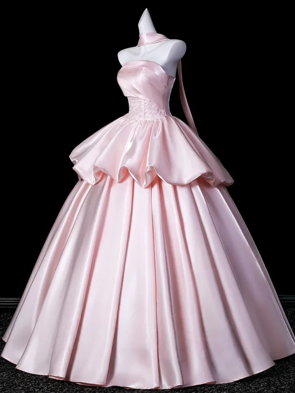 Härlig Rodnande Rosa Cascading Volanger Satin Balklänningar 2026 Balklänning Axelbandslös Ärmlös Halterneck