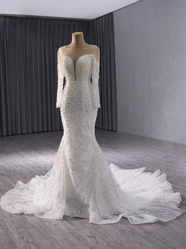 Haut de Gamme Blanche Fait main Perle Paillettes Robe De Mariée 2024 Trompette / Sirène Encolure Dégagée Manches Longues Dos Nu Train De Balayage Mariage