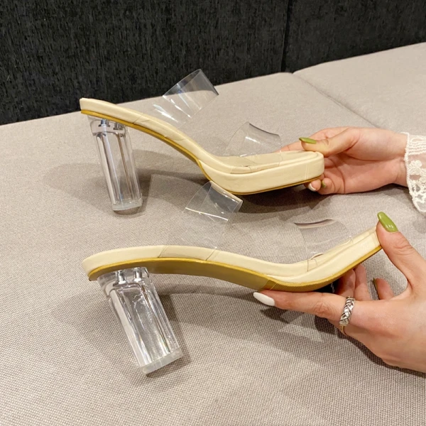 Summer Transparent Beige Street Wear Crystal Womens Sandals 2022 9 cm Thick Heels Open / Peep Toe Sandals High Heels