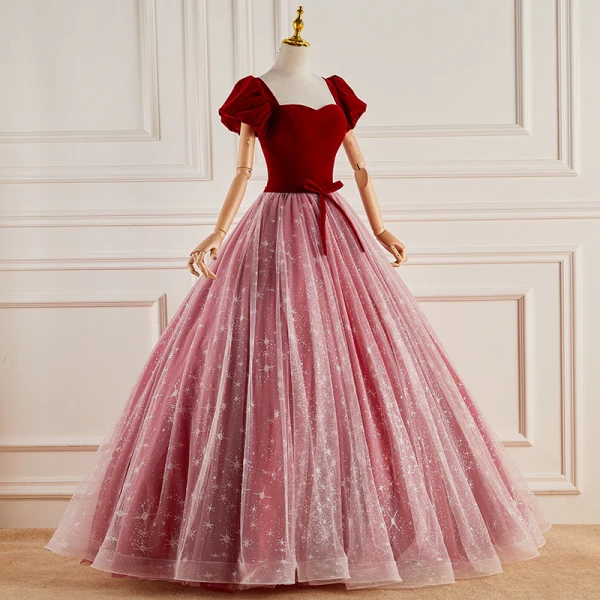 Schöne Rot Ballkleider 2023 Off Shoulder Ballkleid Kurze Ärmel Rückenfreies Schleife Stoffgürtel Lange Ball Festliche Kleider
