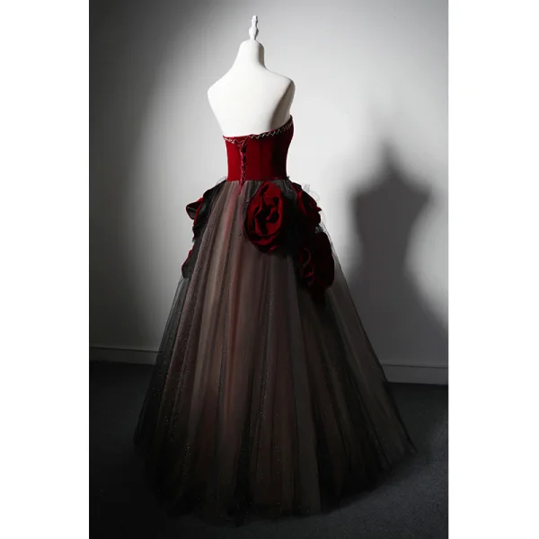 Charming Burgundy Pearl Rhinestone Glitter Prom Dresses 2024 A-Line / Princess Appliques Strapless Sleeveless Backless Floor-Length / Long Formal Dresses