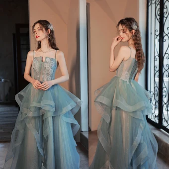 Chic Beautiful Sage Green Cascading Ruffles Prom Dresses 2022 A Line Princess Organza Spaghetti Straps Lace Flower Sleeveless Backless Floor Length Long Prom Formal Dresses