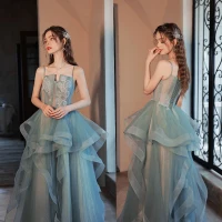 Chic / Beautiful Sage Green Cascading Ruffles Prom Dresses 2022 A-Line / Princess Organza Spaghetti Straps Lace Flower Sleeveless Backless Floor-Length / Long Prom Formal Dresses