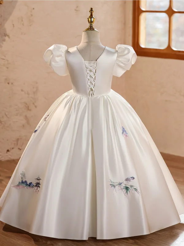 Elegant White Embroidered Birthday Flower Girl Dresses 2026 Ball Gown Scoop Neck Puffy Short Sleeve Backless Floor-Length / Long