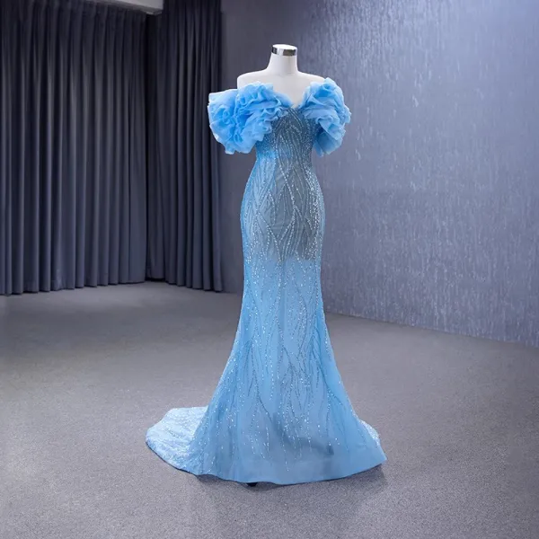 High-end Sparkly Sky Blue Glitter Sequins Prom Dresses 2023 Trumpet / Mermaid Off-The-Shoulder Ruffle Short Sleeve Backless Sweep Train Prom Formal Dresses