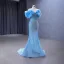 High-end Sparkly Sky Blue Glitter Sequins Prom Dresses 2023 Trumpet / Mermaid Off-The-Shoulder Ruffle Short Sleeve Backless Sweep Train Prom Formal Dresses
