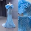 High-end Sparkly Sky Blue Glitter Sequins Prom Dresses 2023 Trumpet / Mermaid Off-The-Shoulder Ruffle Short Sleeve Backless Sweep Train Prom Formal Dresses