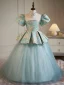 Chinese style Sky Blue Pearl Printing Prom Flower Girl Dresses 2023 Cascading Ruffles Ball Gown High Neck Puffy Short Sleeve Backless Floor-Length / Long Flower Girl Dresses