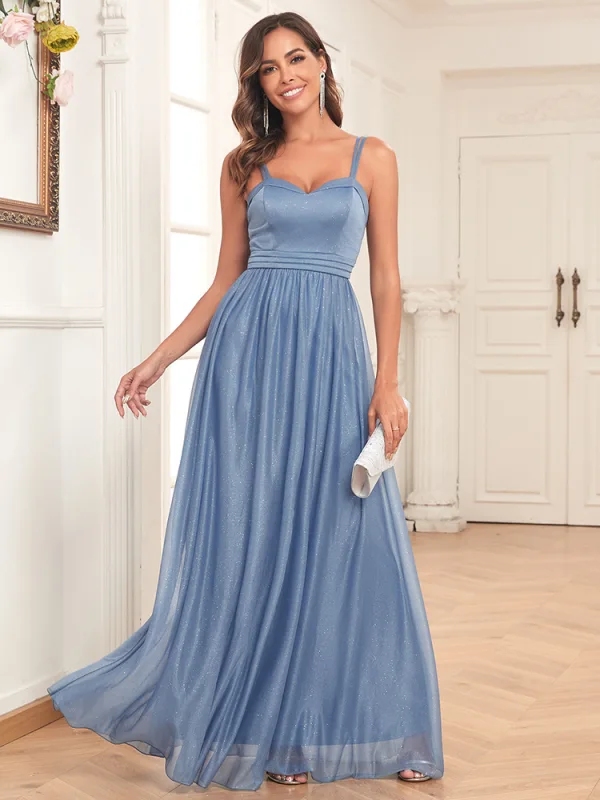 Modest / Simple Sky Blue Prom Dresses 2024 A-Line / Princess Spaghetti Straps Sleeveless Backless Floor-Length / Long Prom Formal Dresses