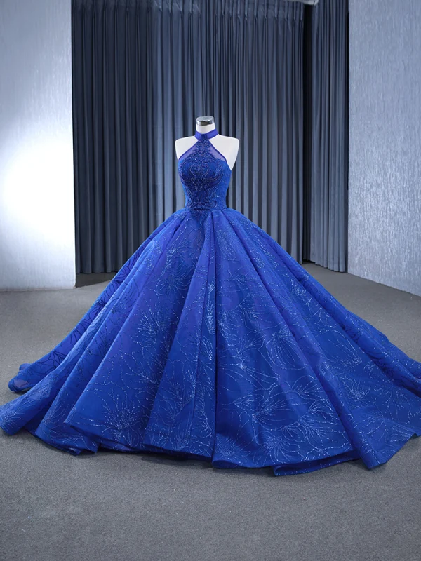 High-end Ocean Blue Handmade  Beading Pearl Sequins Lace Flower Chapel Train Prom Dresses 2024 Ball Gown Halter Sleeveless Backless Prom