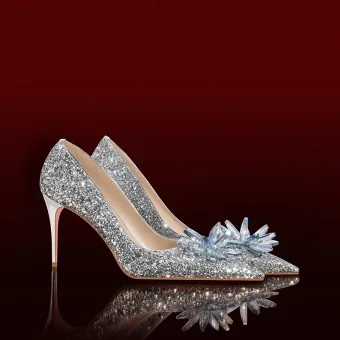 Sparkly Silver Crystal Sequins Wedding Shoes 2022 Leather 8 Cm Stiletto Heels Pointed Toe Wedding Pumps High Heels