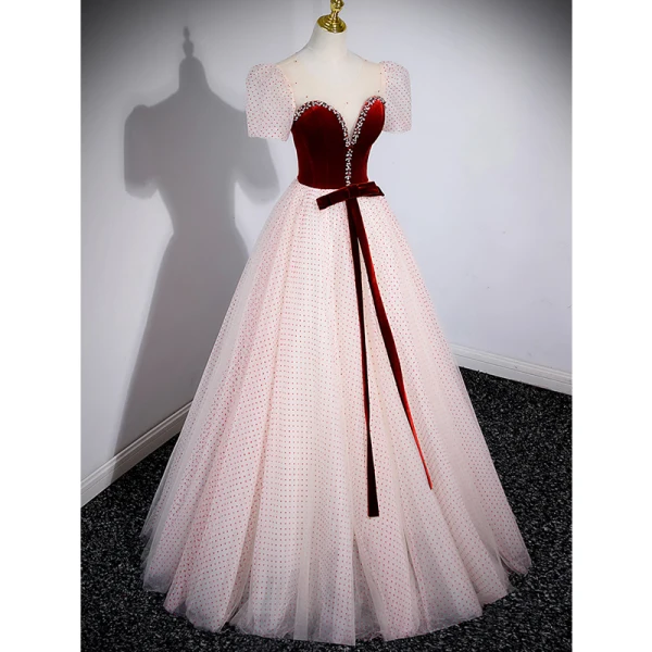 Elegant Burgundy Spotted Prom Dresses 2023 A-Line / Princess Scoop Neck Rhinestone Bow Short Sleeve Backless Floor-Length / Long Prom Formal Dresses