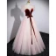 Elegant Burgundy Spotted Prom Dresses 2023 A-Line / Princess Scoop Neck Rhinestone Bow Short Sleeve Backless Floor-Length / Long Prom Formal Dresses