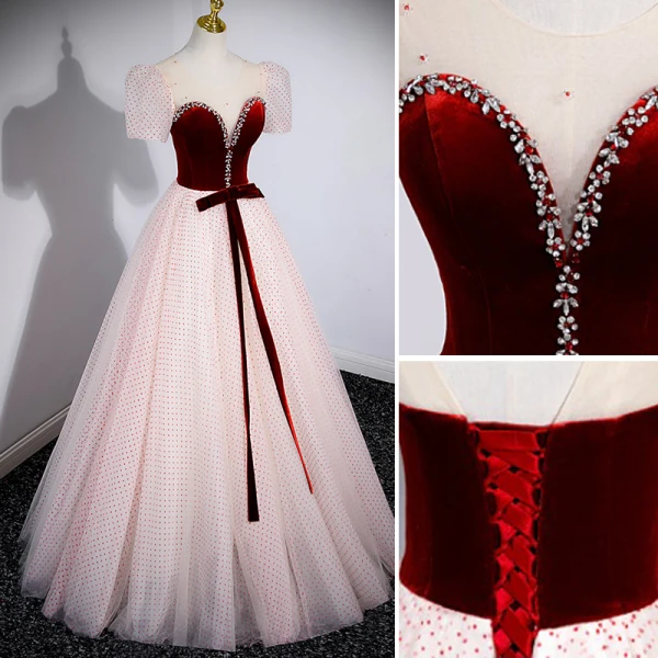 Elegant Burgundy Spotted Prom Dresses 2023 A-Line / Princess Scoop Neck Rhinestone Bow Short Sleeve Backless Floor-Length / Long Prom Formal Dresses
