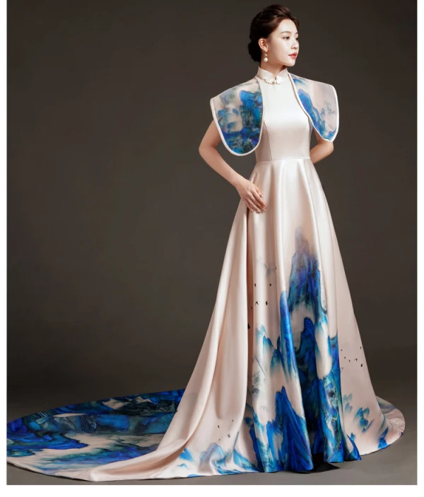 Vintage / Retro Chinese style Champagne Evening Dresses 2023 A-Line / Princess High Neck Sleeveless Backless Court Train Evening Party Formal Dresses