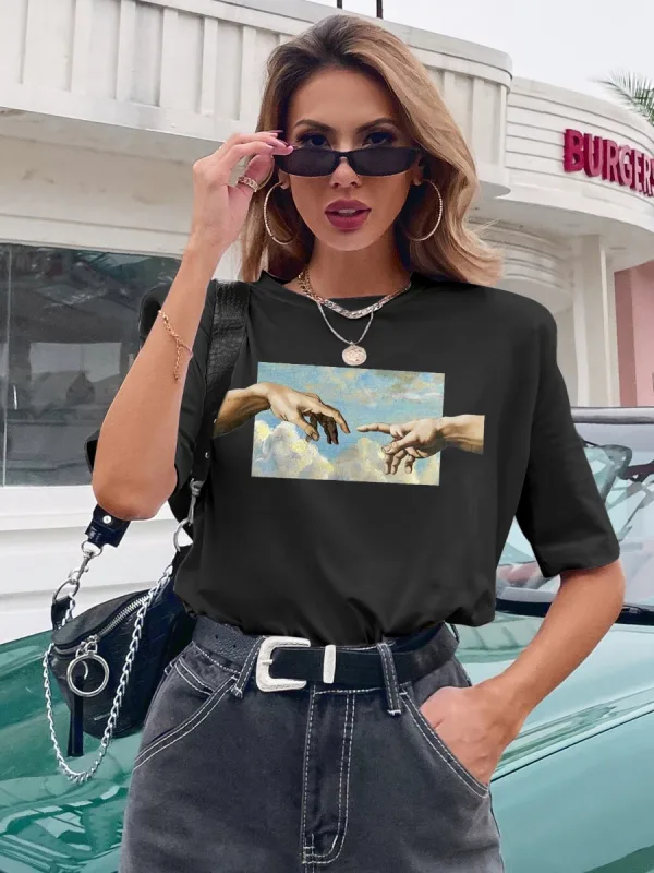 Casual Women Tops Black Printing T-Shirts 2021 Scoop Neck 1/2 Sleeves Loose Cotton Summer Tee