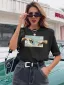 Casual Women Tops Black Printing T-Shirts 2021 Scoop Neck 1/2 Sleeves Loose Cotton Summer Tee