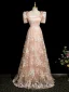 Chic / Beautiful Champagne Sequins Lace Flower Prom Dresses 2024 A-Line / Princess Square Neckline Short Sleeve Backless Floor-Length / Long Prom Formal Dresses